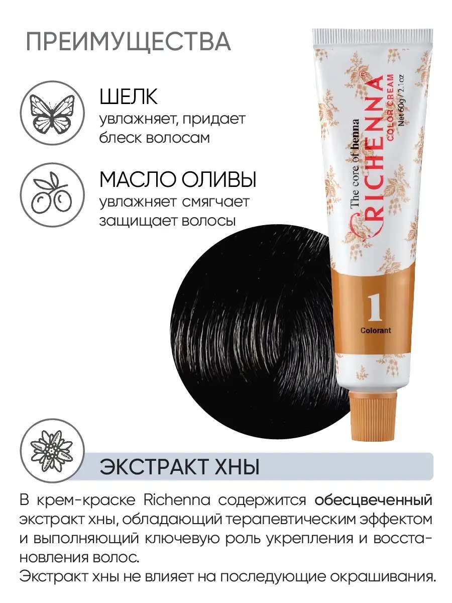 Richenna Крем-краска для волос с хной № 1N (Natural Black) (новая упаковка)
